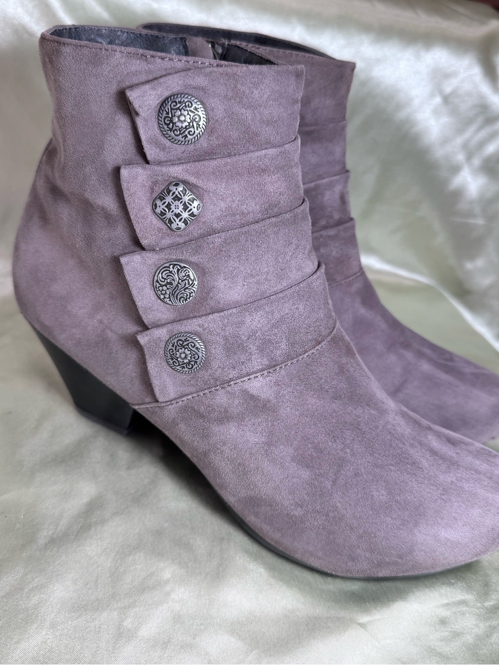Dansko Baker Grey Women's Suede Ankle Boot with  Buttons, 2 inch heel, size 38